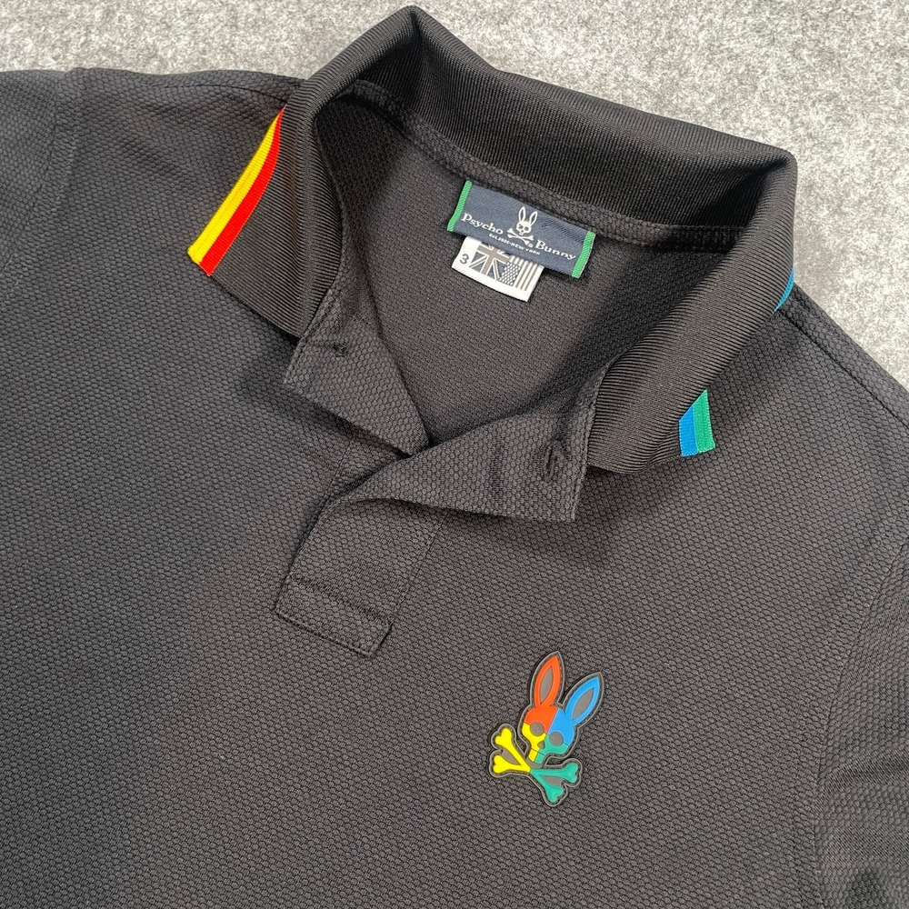 Psycho Bunny Mens Polo Shirt Size 3 Black Rainbow Under Collar Pima Cotton Blend